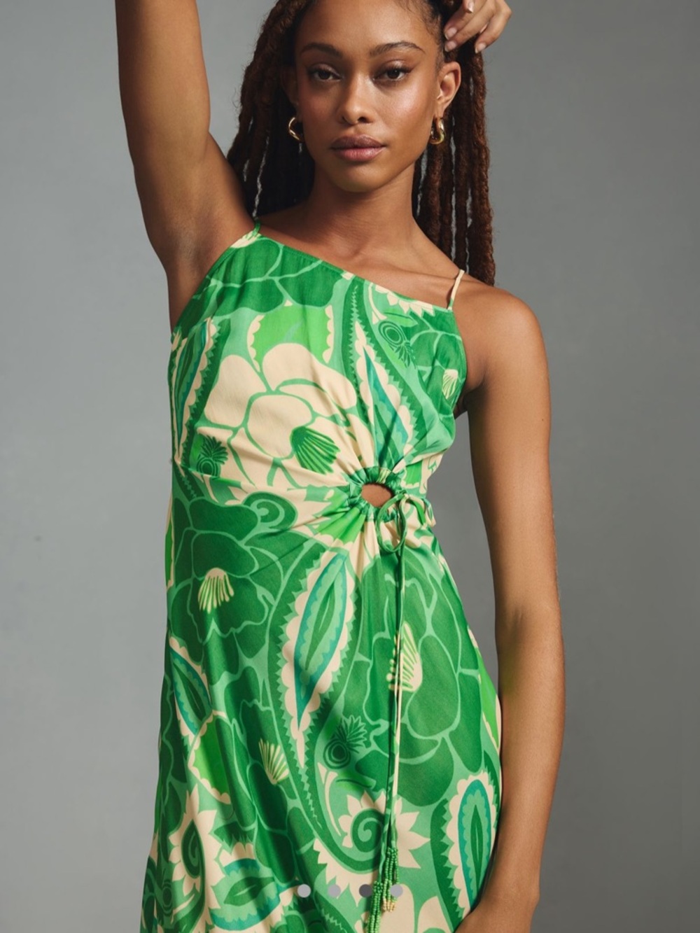 FARM Rio Green and Cream Floral One-Shoulder Midi Dress